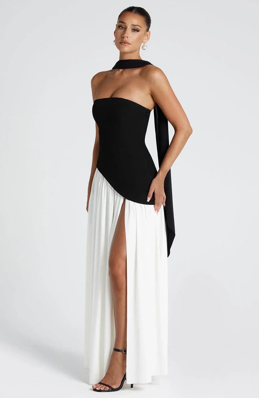 Bianca - Long strapless corset dress with scarf detail and high slit