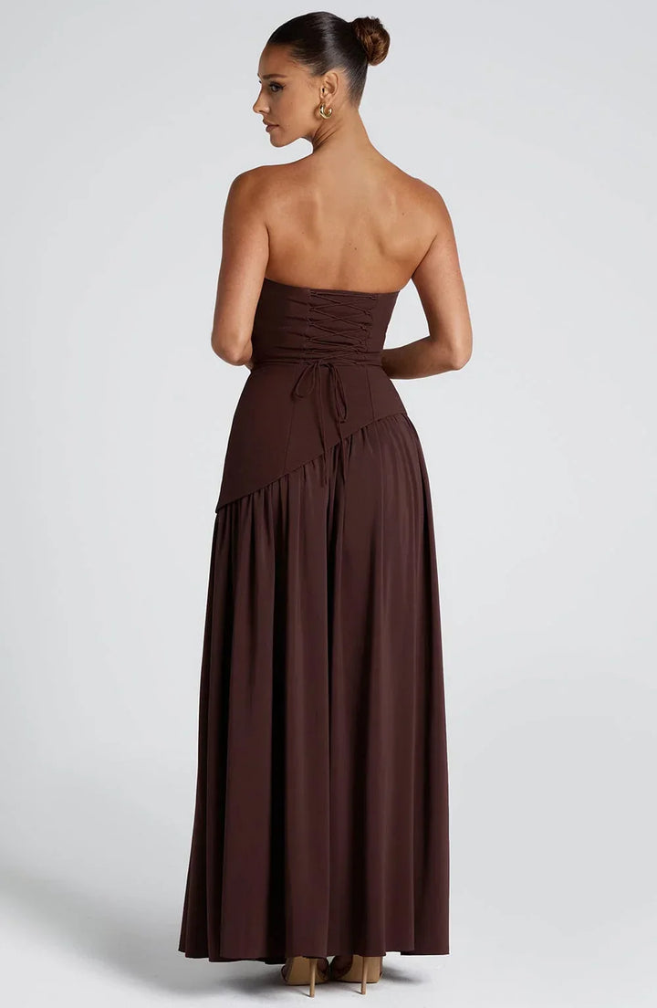 Bianca - Long strapless corset dress with scarf detail and high slit
