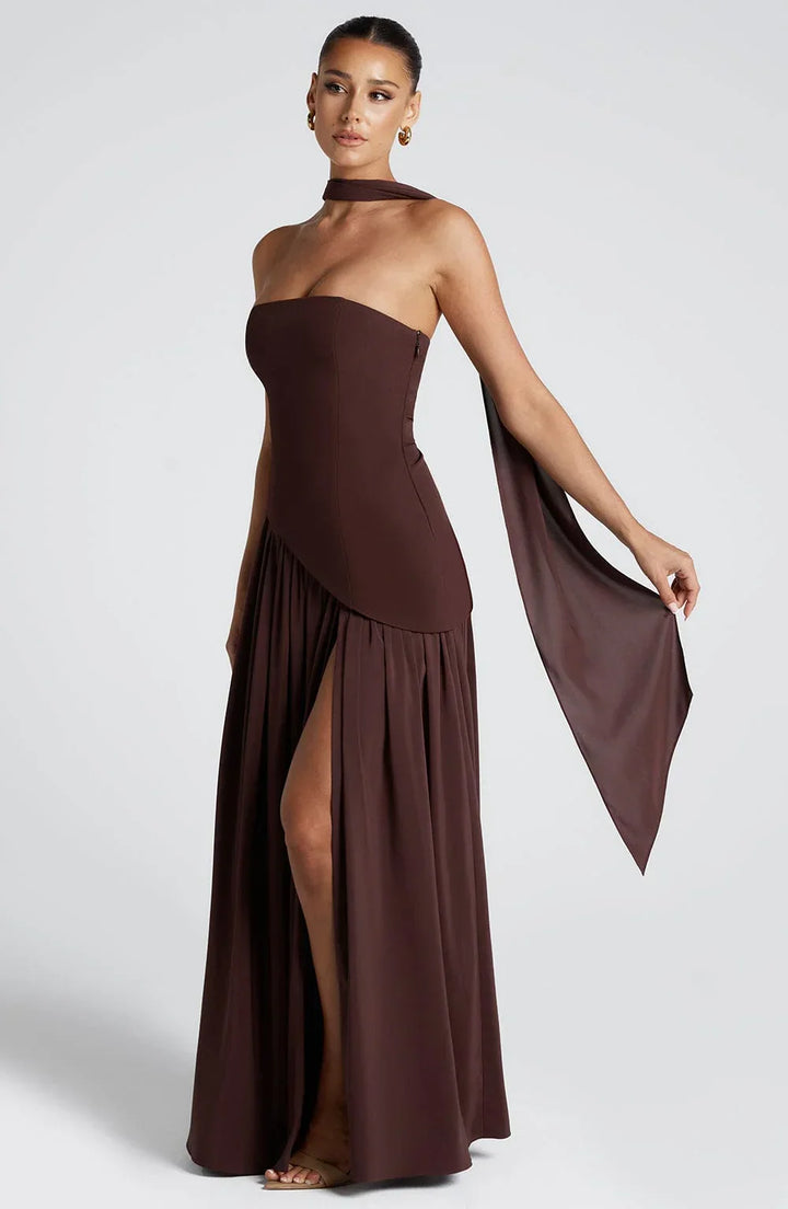 Bianca - Long strapless corset dress with scarf detail and high slit