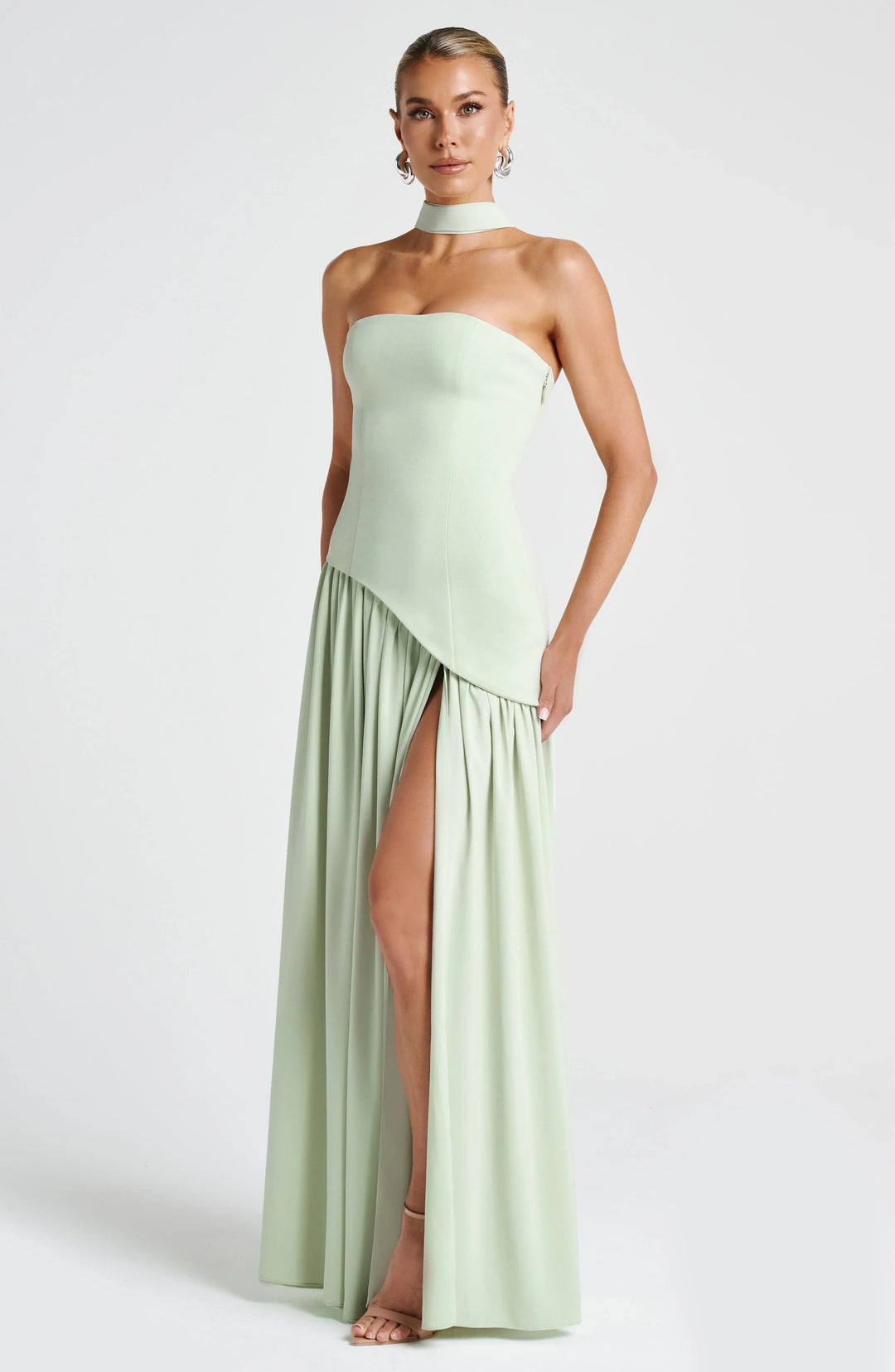 Bianca - Long strapless corset dress with scarf detail and high slit