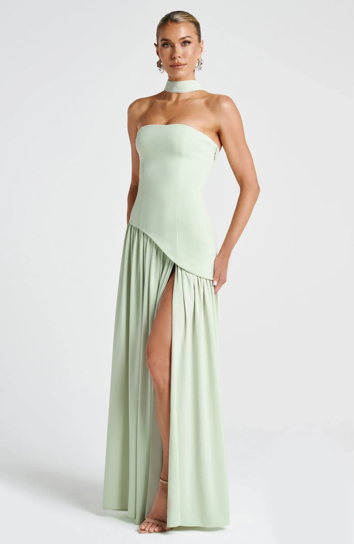 Bianca - Long strapless corset dress with scarf detail and high slit