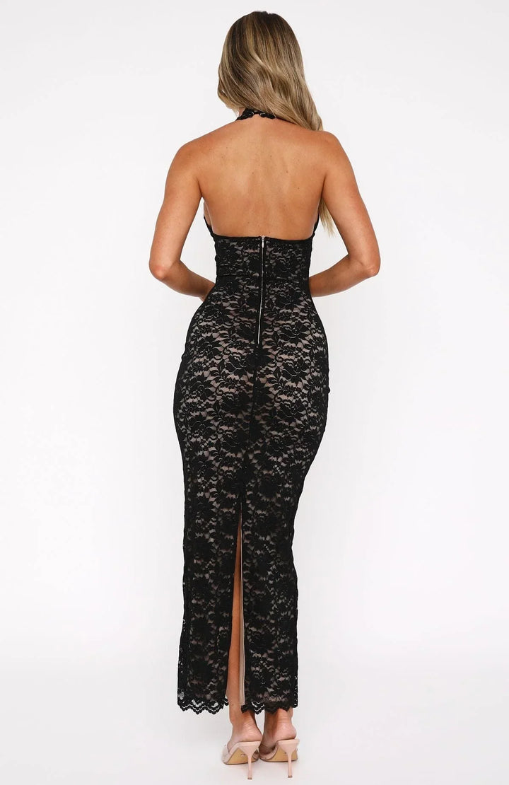 Isabella - Women's long black lace dress with open back