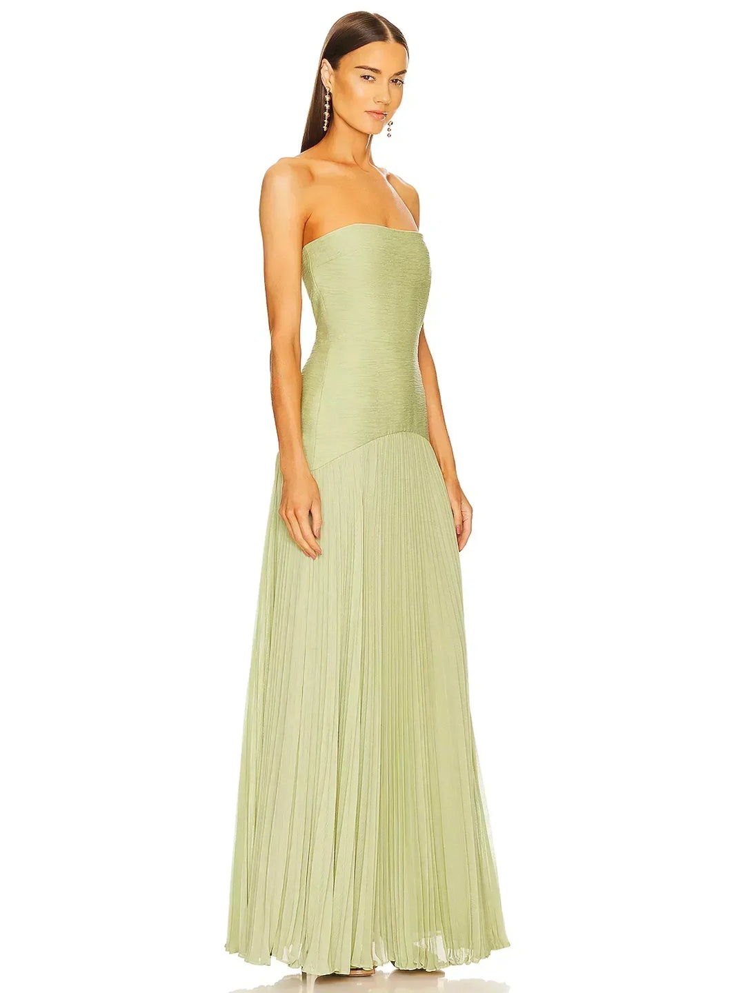 Light green sleeveless pleated long dress for women