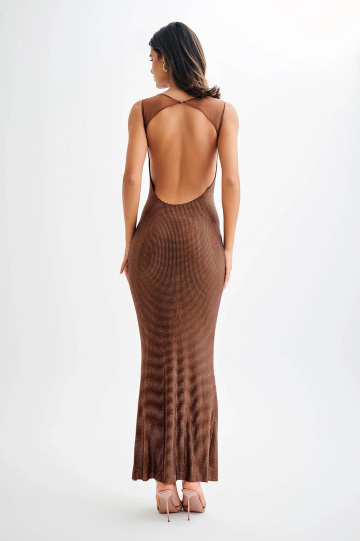 Carmen - Women's long sequined dress with brown straps