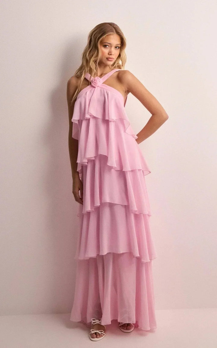 Kyla - Long pink dress with halter neck and floral ruffles