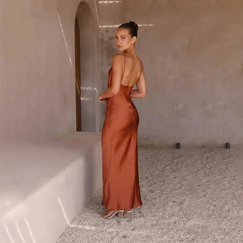 Maya - Women's long satin dress with cowl neck and no sleeves