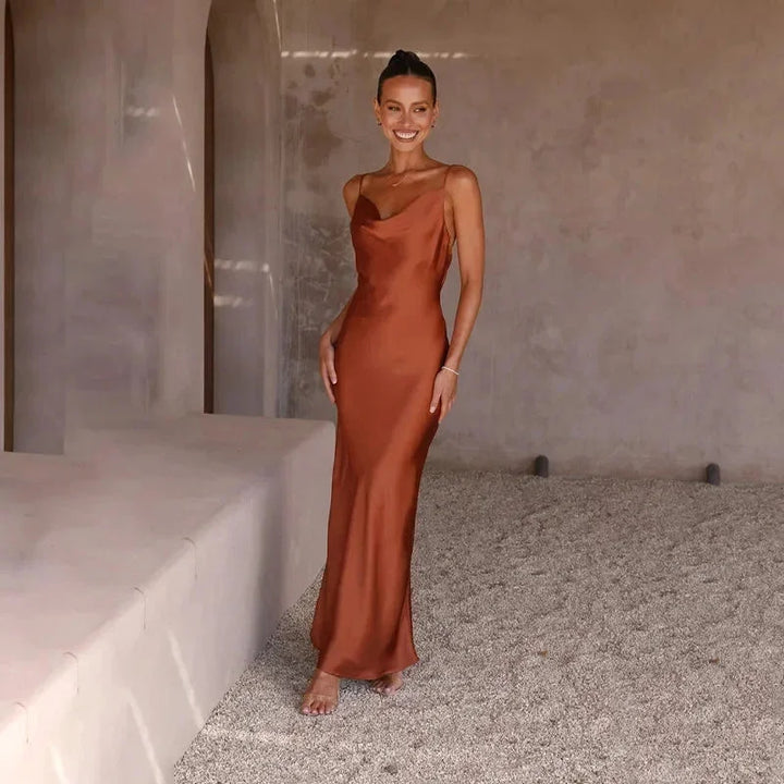 Maya - Women's long satin dress with cowl neck and no sleeves