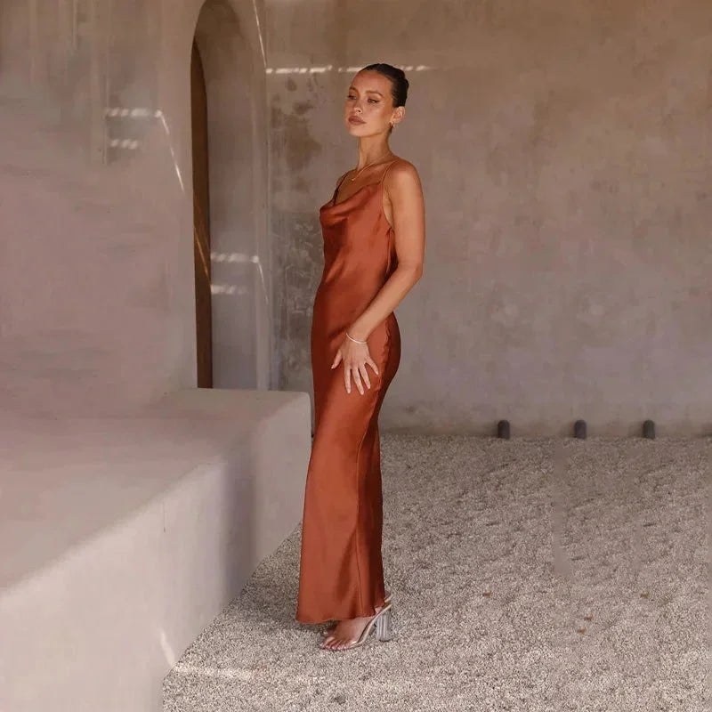 Maya - Women's long satin dress with cowl neck and no sleeves