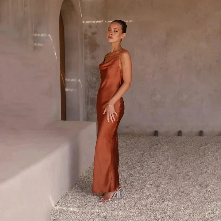 Maya - Women's long satin dress with cowl neck and no sleeves