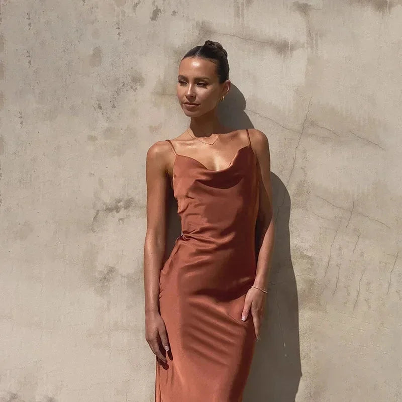 Maya - Women's long satin dress with cowl neck and no sleeves