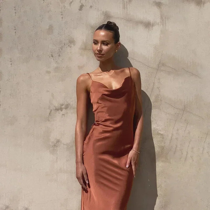 Maya - Women's long satin dress with cowl neck and no sleeves