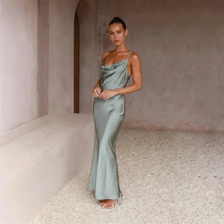 Maya - Women's long satin dress with cowl neck and no sleeves