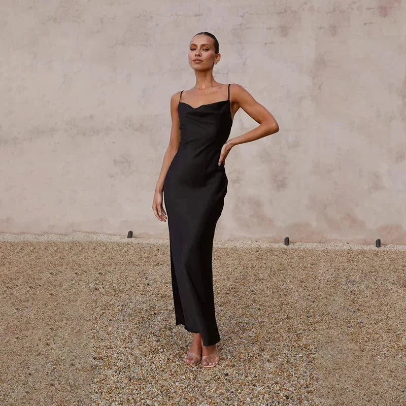 Maya - Women's long satin dress with cowl neck and no sleeves