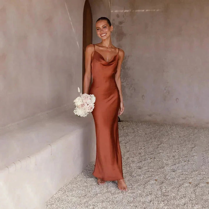 Maya - Women's long satin dress with cowl neck and no sleeves