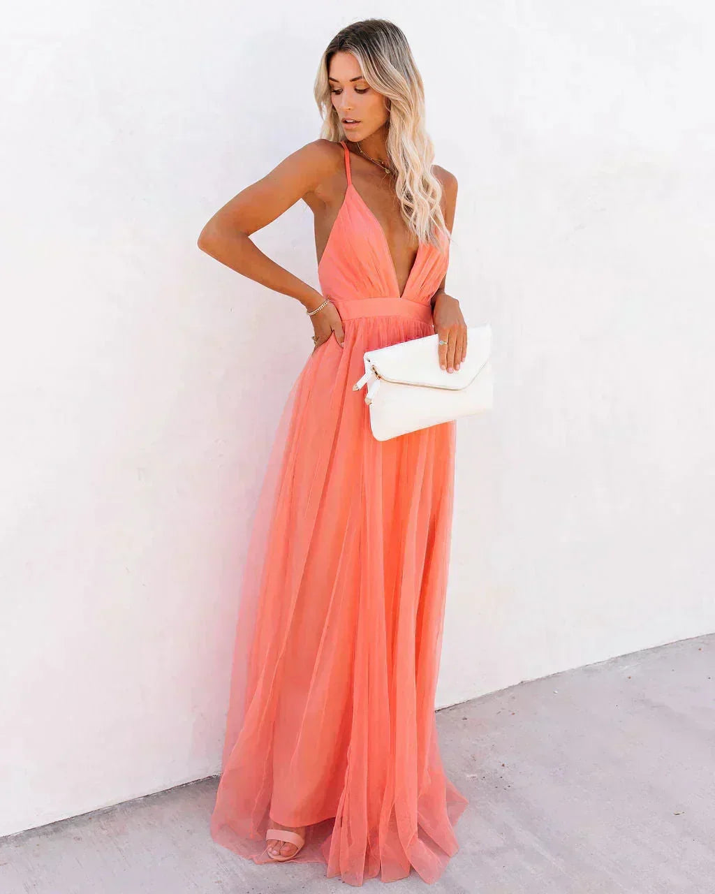 Karen - Long orange backless dress with thin straps for summer evenings