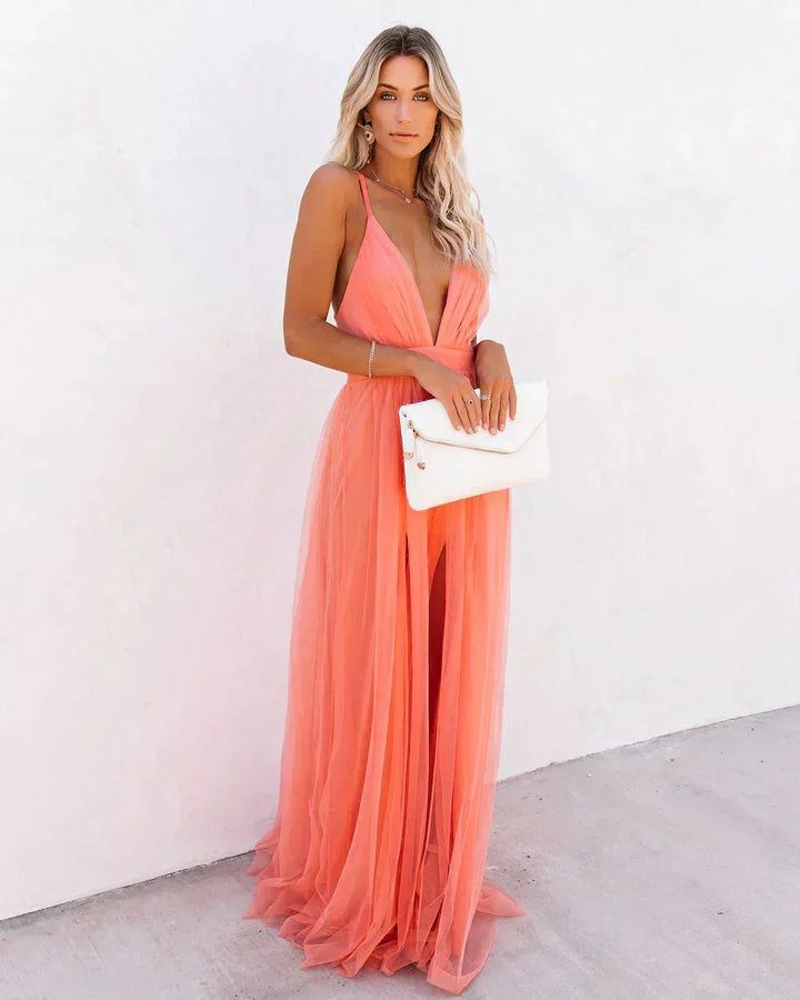 Karen - Long orange backless dress with thin straps for summer evenings