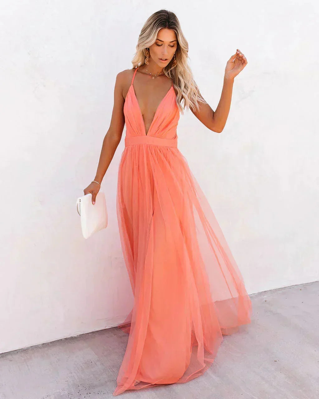 Karen - Long orange backless dress with thin straps for summer evenings