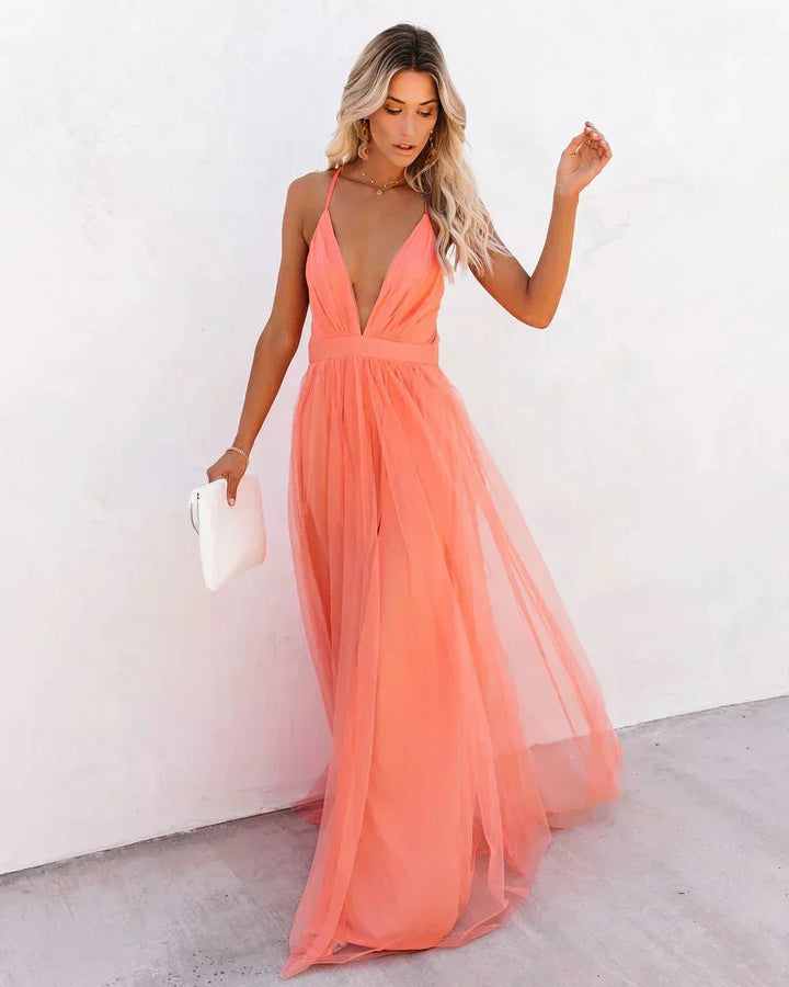 Karen - Long orange backless dress with thin straps for summer evenings