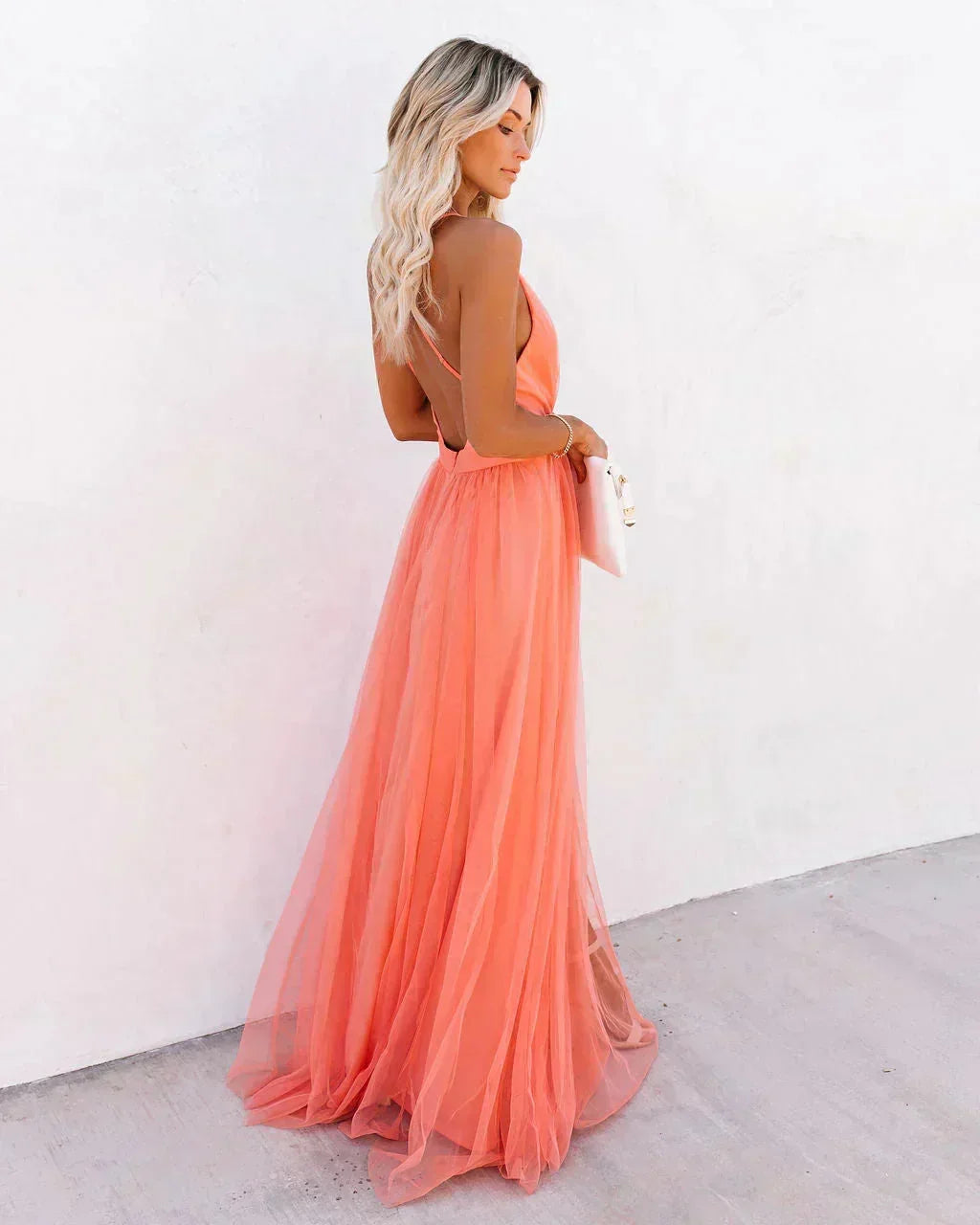 Karen - Long orange backless dress with thin straps for summer evenings
