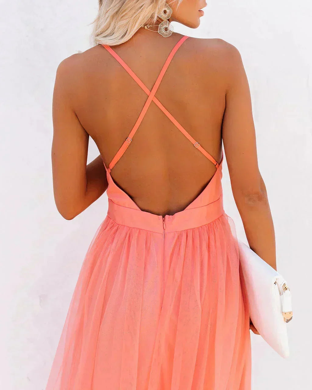 Karen - Long orange backless dress with thin straps for summer evenings