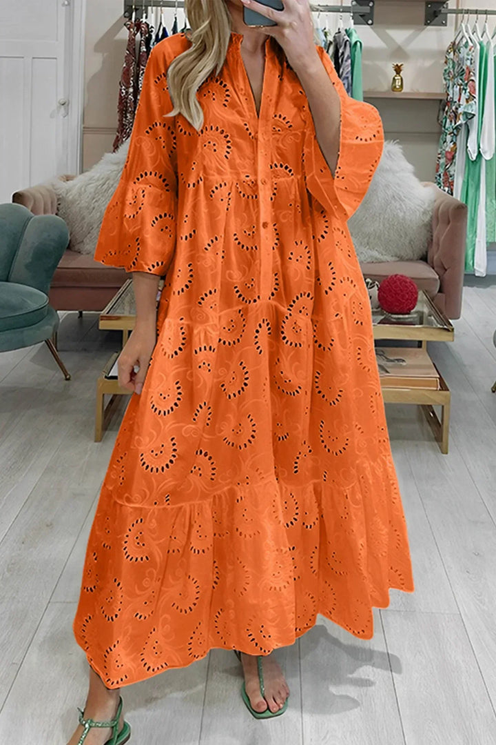 Sara - Long openwork dress with 3/4 sleeves and a V-neck for summer