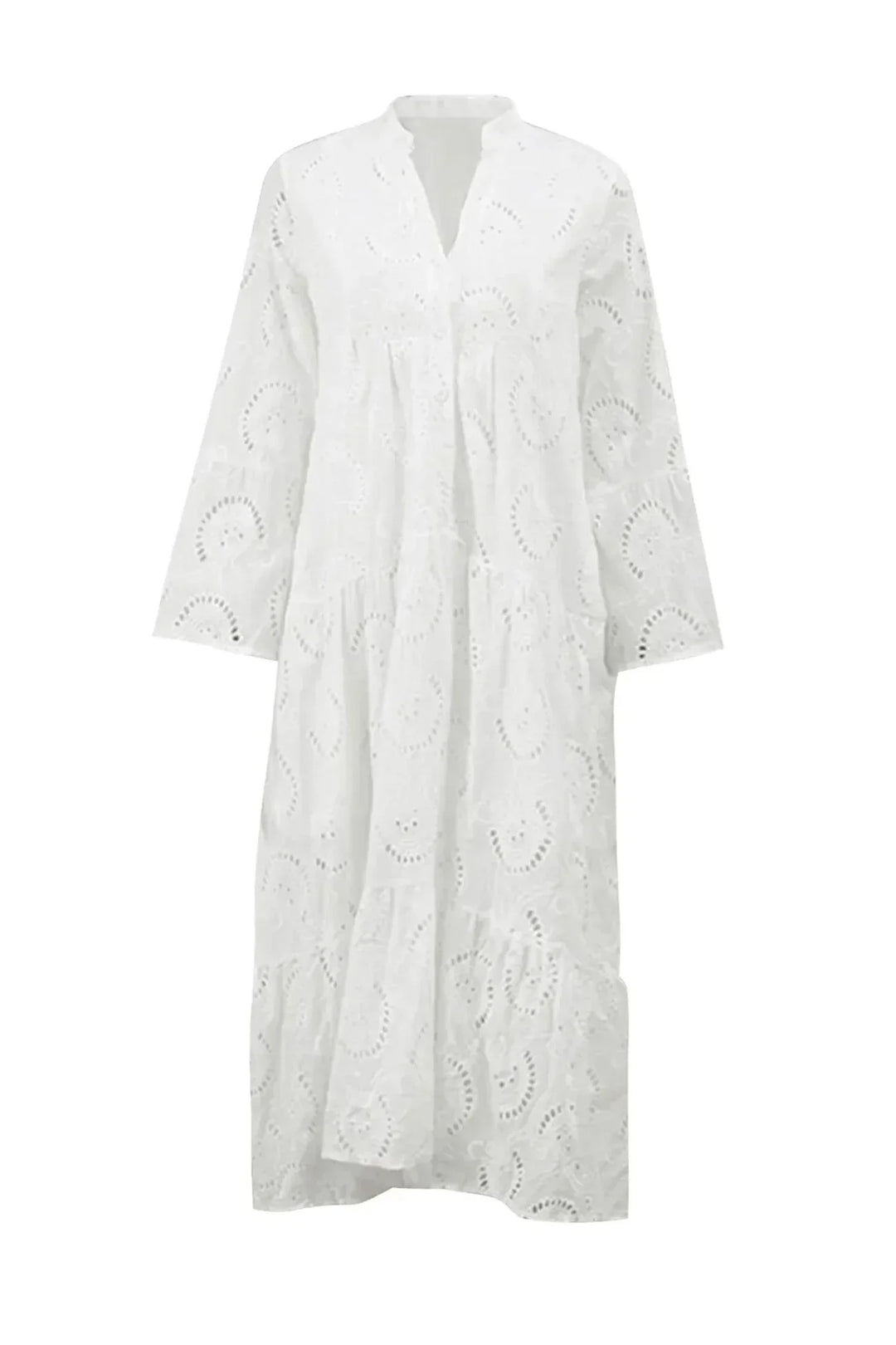 Sara - Long openwork dress with 3/4 sleeves and a V-neck for summer