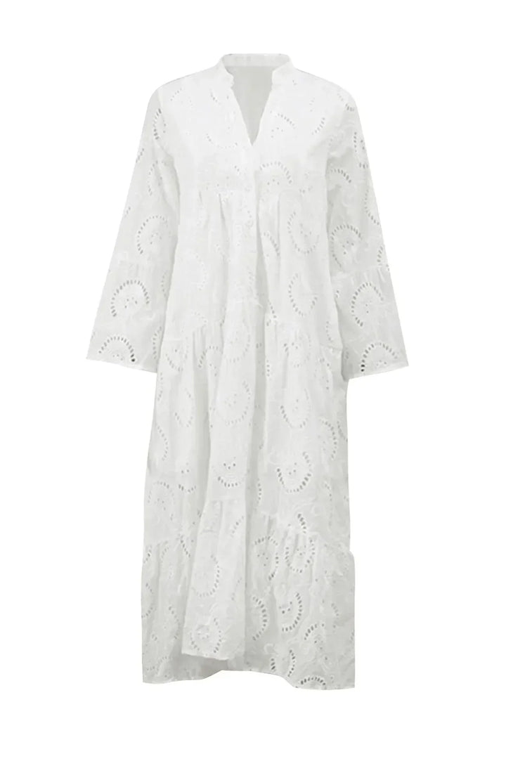 Sara - Long openwork dress with 3/4 sleeves and a V-neck for summer