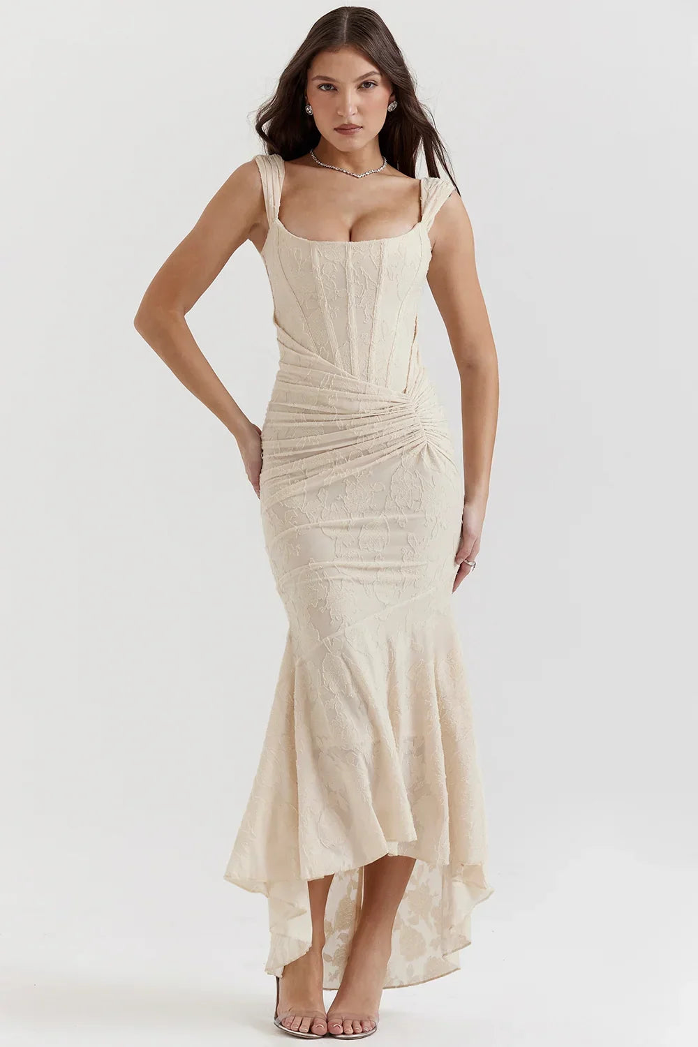 Aaliyah - Women's midi dress with floral pattern and wide straps