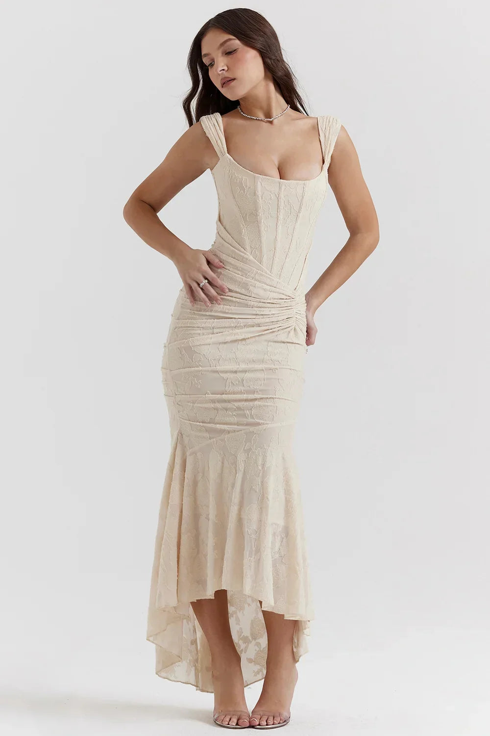 Aaliyah - Women's midi dress with floral pattern and wide straps