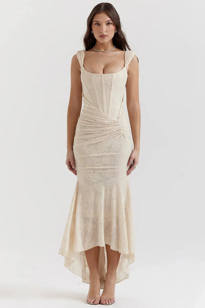 Aaliyah - Women's midi dress with floral pattern and wide straps