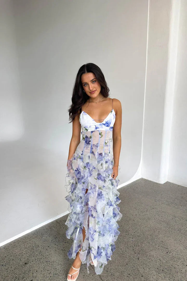 Sabrina - Long white and blue floral dress with ruffles and a corset | Summer wedding guest dress