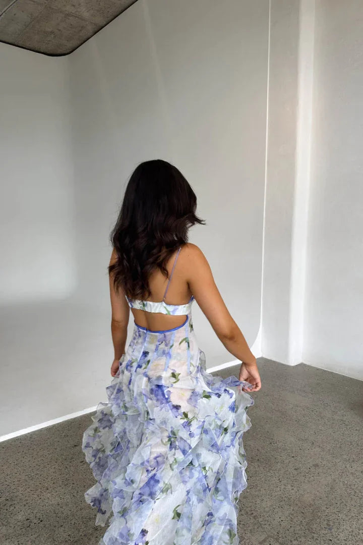 Sabrina - Long white and blue floral dress with ruffles and a corset | Summer wedding guest dress