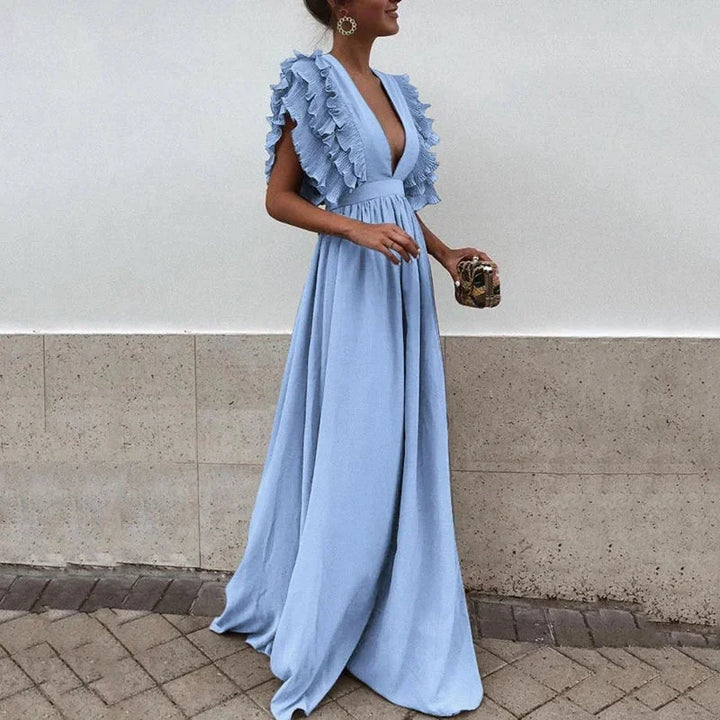 Nina - Women's long flowing dress with ruffled sleeves and a low neckline