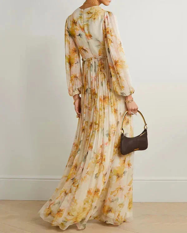 Vera - Women's long beige floral dress with V-neck and slit
