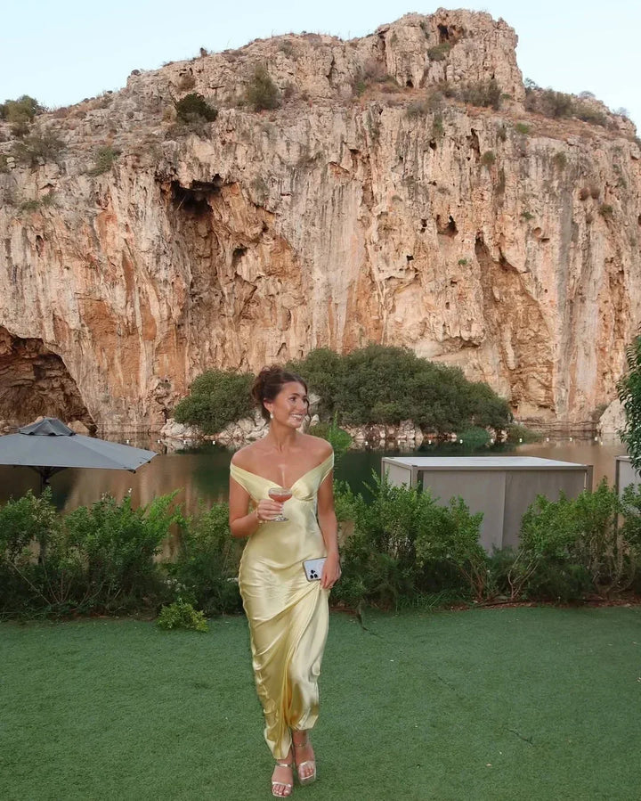 Felicity - Long yellow satin off-the-shoulder evening dress
