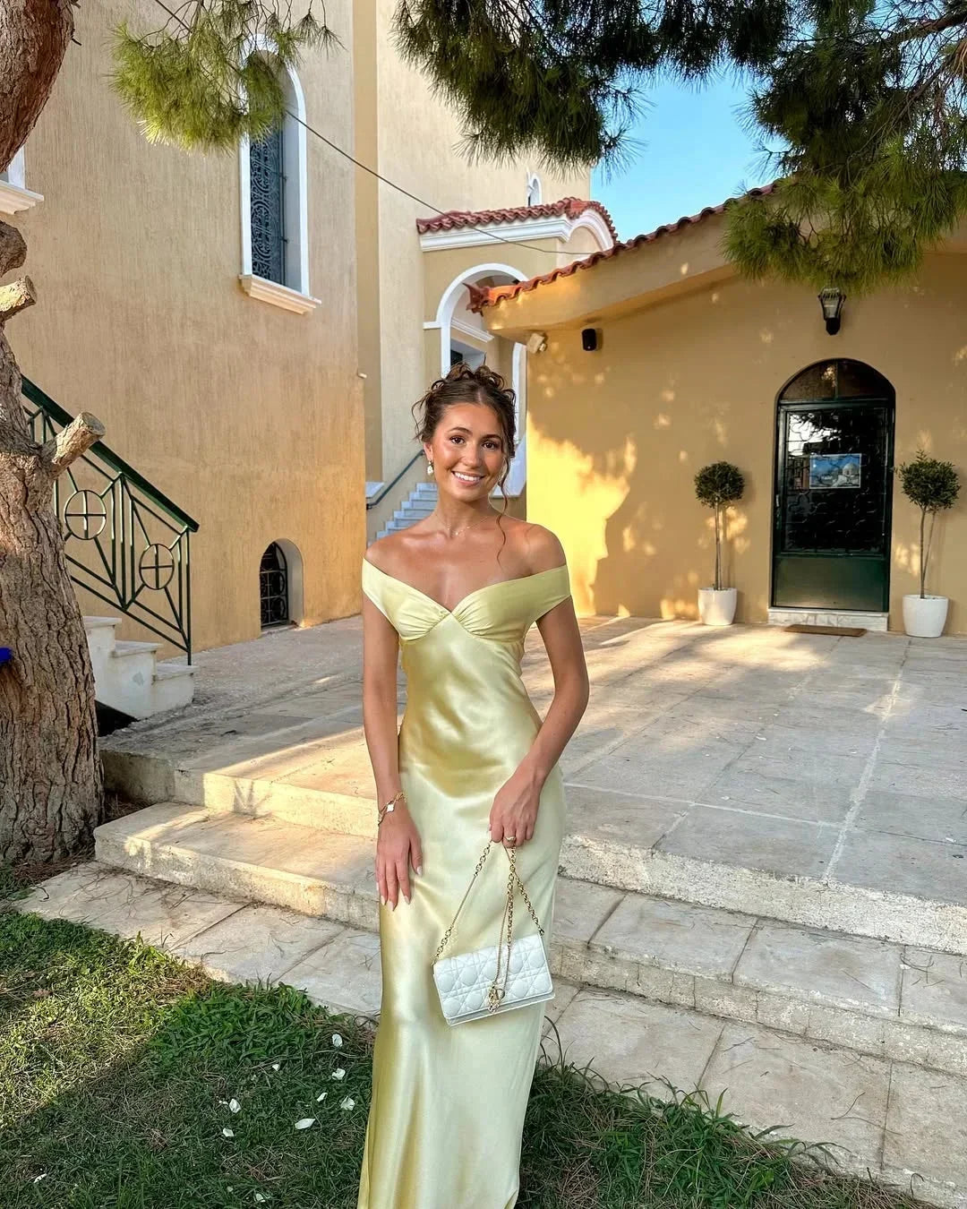Felicity - Long yellow satin off-the-shoulder evening dress