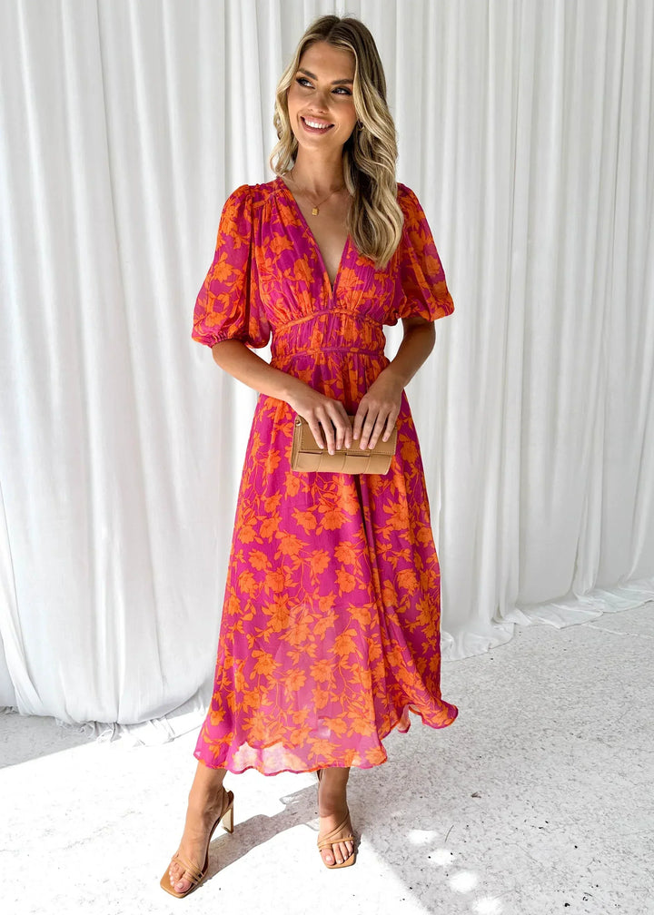 Pamela - Women's long pink floral dress with short sleeves and a V-neck