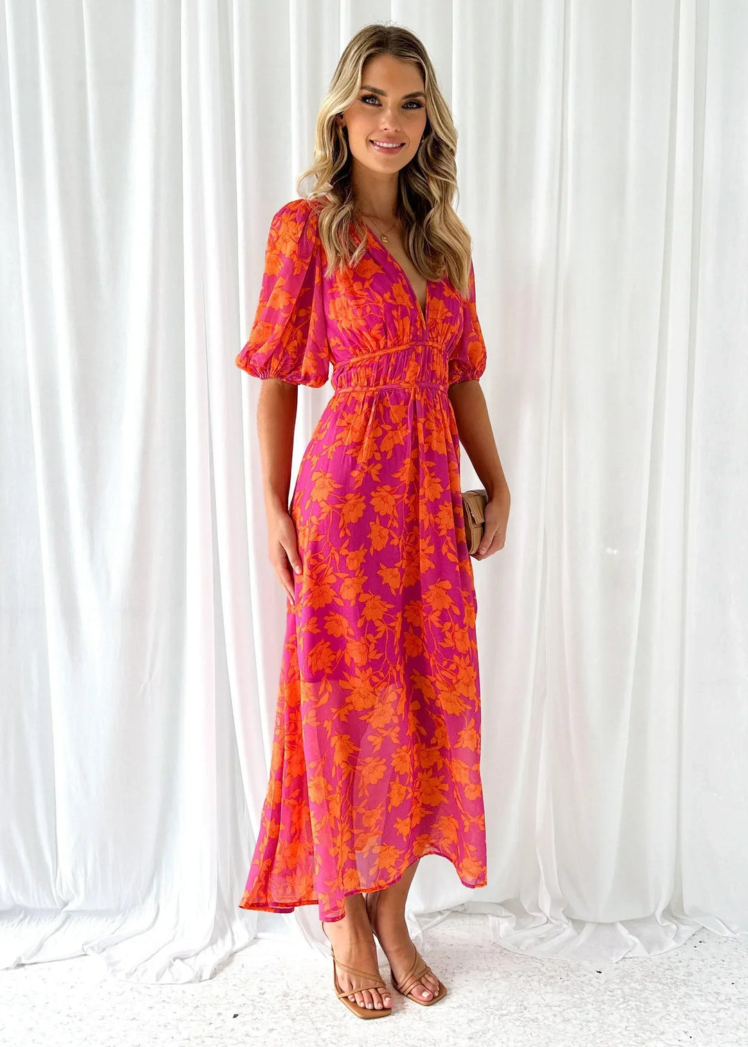 Pamela - Women's long pink floral dress with short sleeves and a V-neck