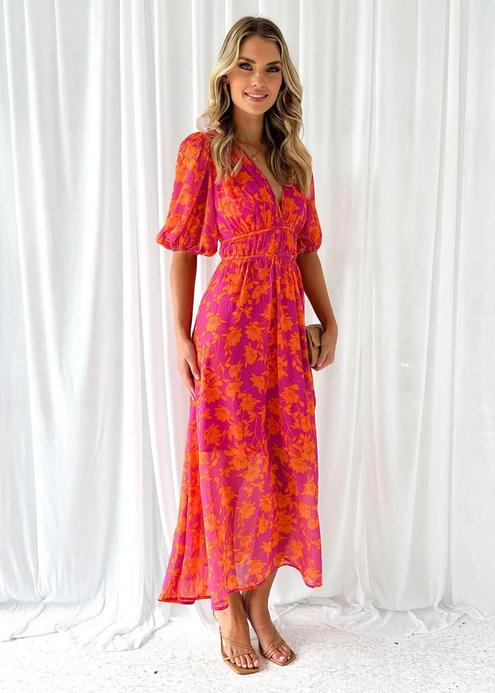 Pamela - Women's long pink floral dress with short sleeves and a V-neck