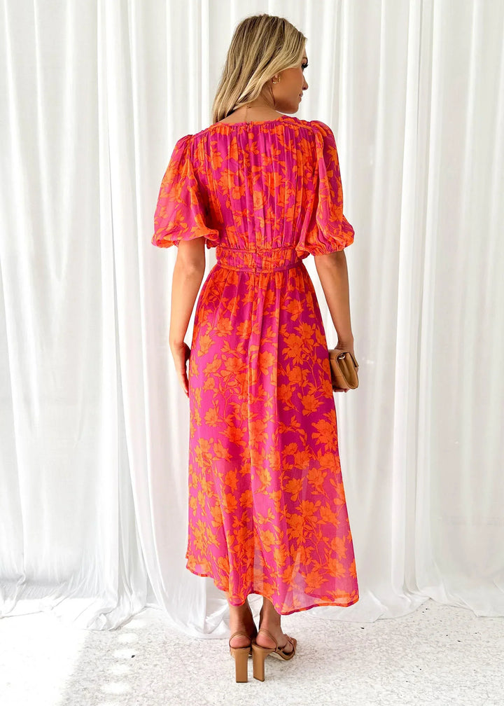 Pamela - Women's long pink floral dress with short sleeves and a V-neck