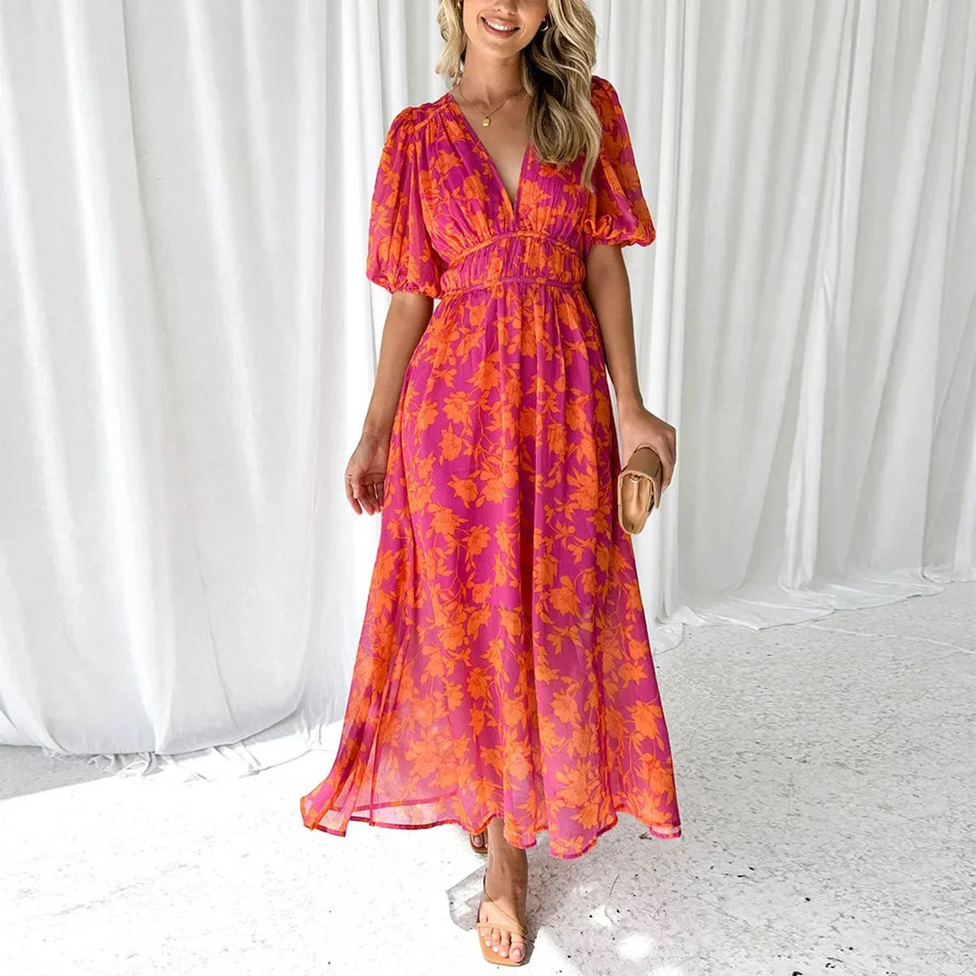 Pamela - Women's long pink floral dress with short sleeves and a V-neck