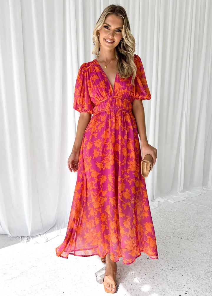 Pamela - Women's long pink floral dress with short sleeves and a V-neck