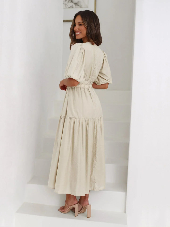Laila - Women's midi dress with V-neck and short sleeves