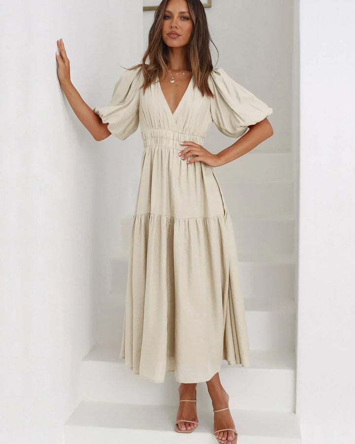Laila - Women's midi dress with V-neck and short sleeves