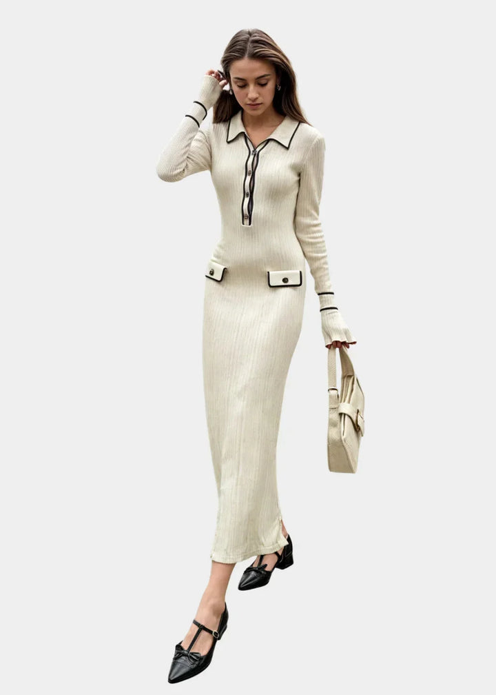 Ribbed midi dress with contrasting collar and long sleeves