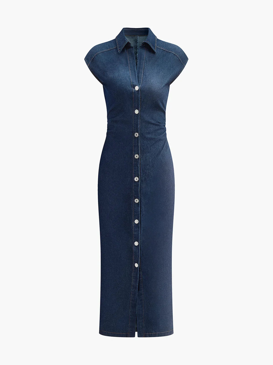 Penelope - Dark blue denim midi dress with button-down V-neck and sleeveless design for the office in summer