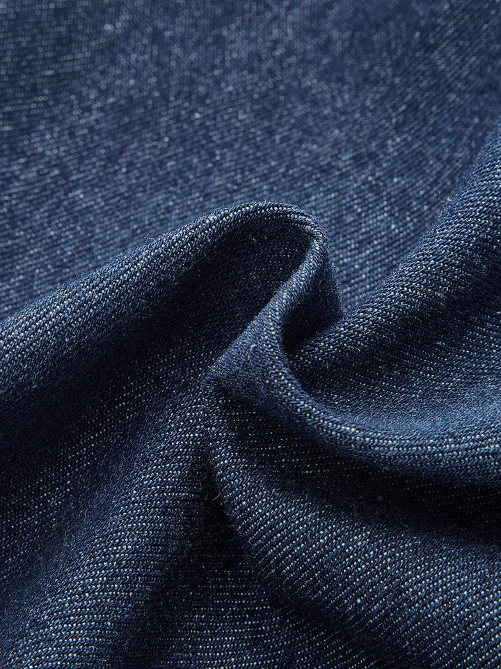 Penelope - Dark blue denim midi dress with button-down V-neck and sleeveless design for the office in summer