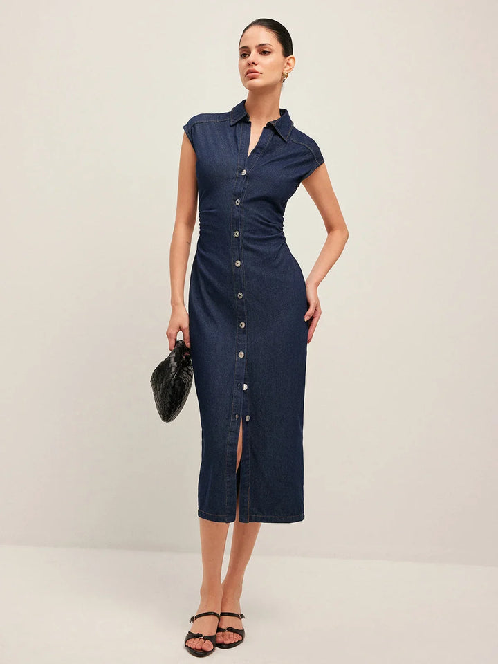Penelope - Dark blue denim midi dress with button-down V-neck and sleeveless design for the office in summer