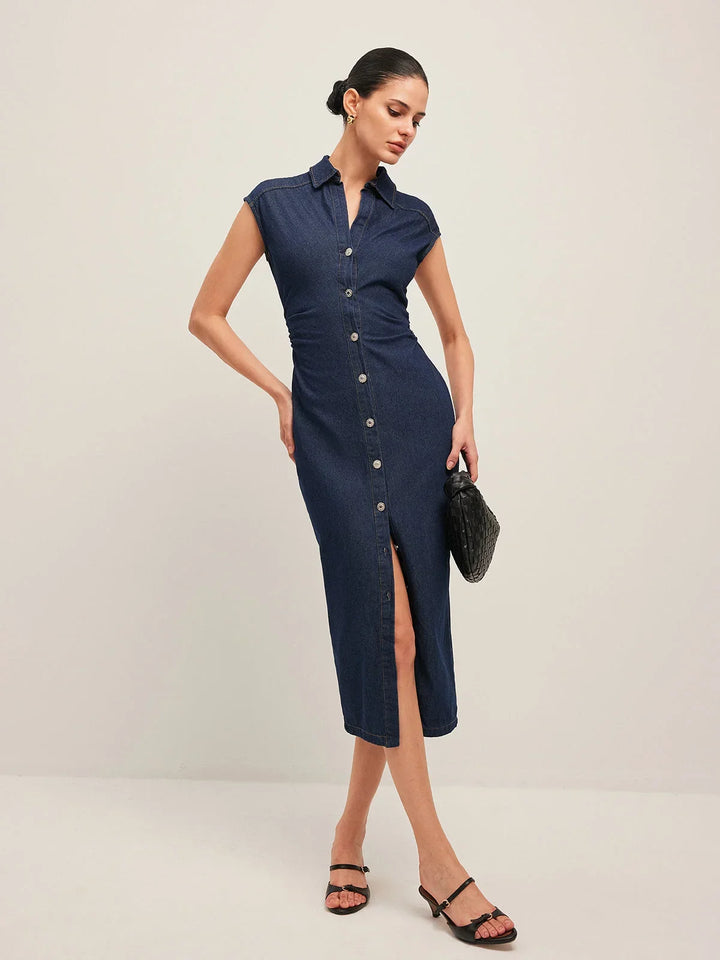 Penelope - Dark blue denim midi dress with button-down V-neck and sleeveless design for the office in summer