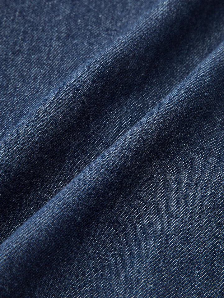 Penelope - Dark blue denim midi dress with button-down V-neck and sleeveless design for the office in summer